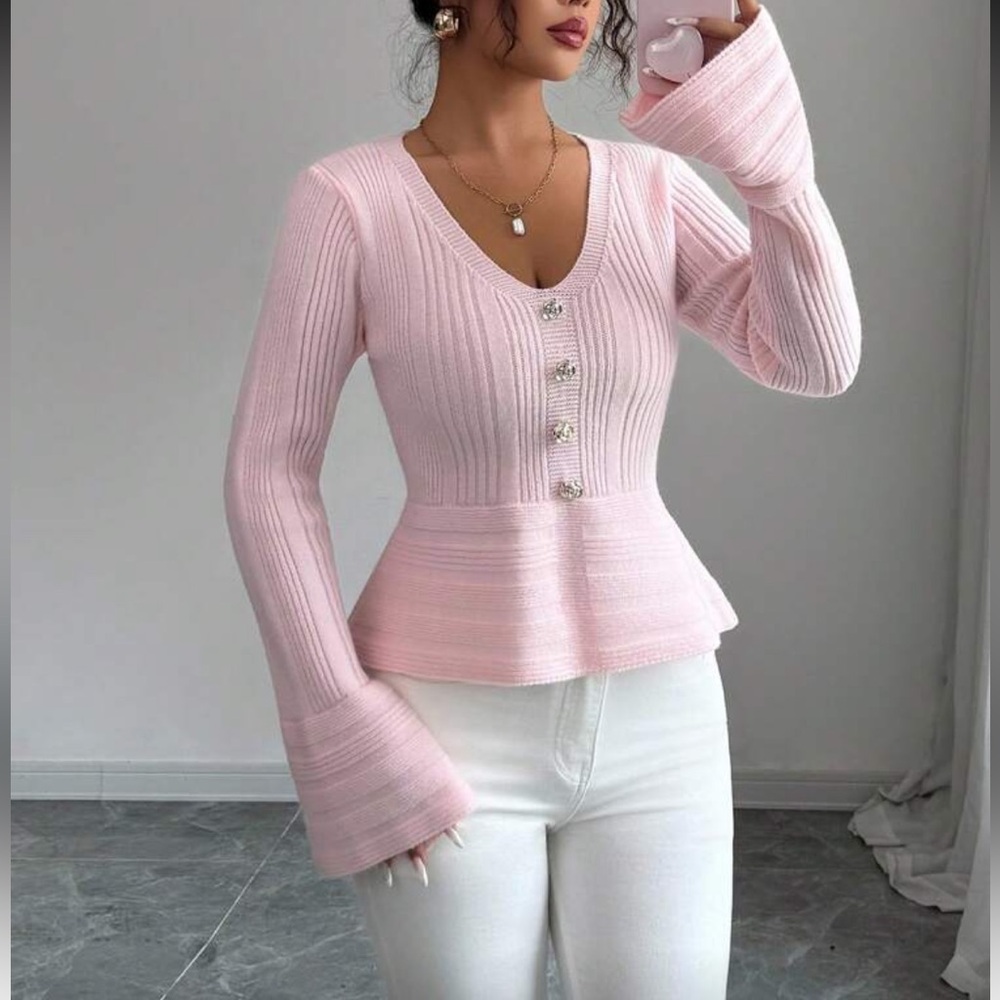 Pink Ribbed Button-Up Sweater - Picture 3 of 15